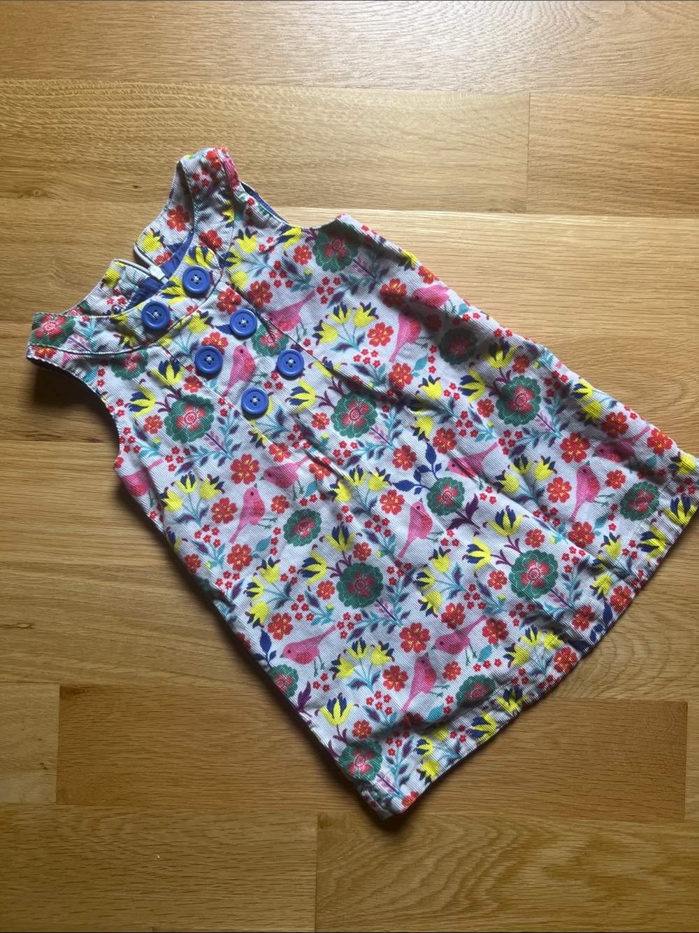 Boden Pink Floral Bird Print Cotton Dress with Blue Buttons